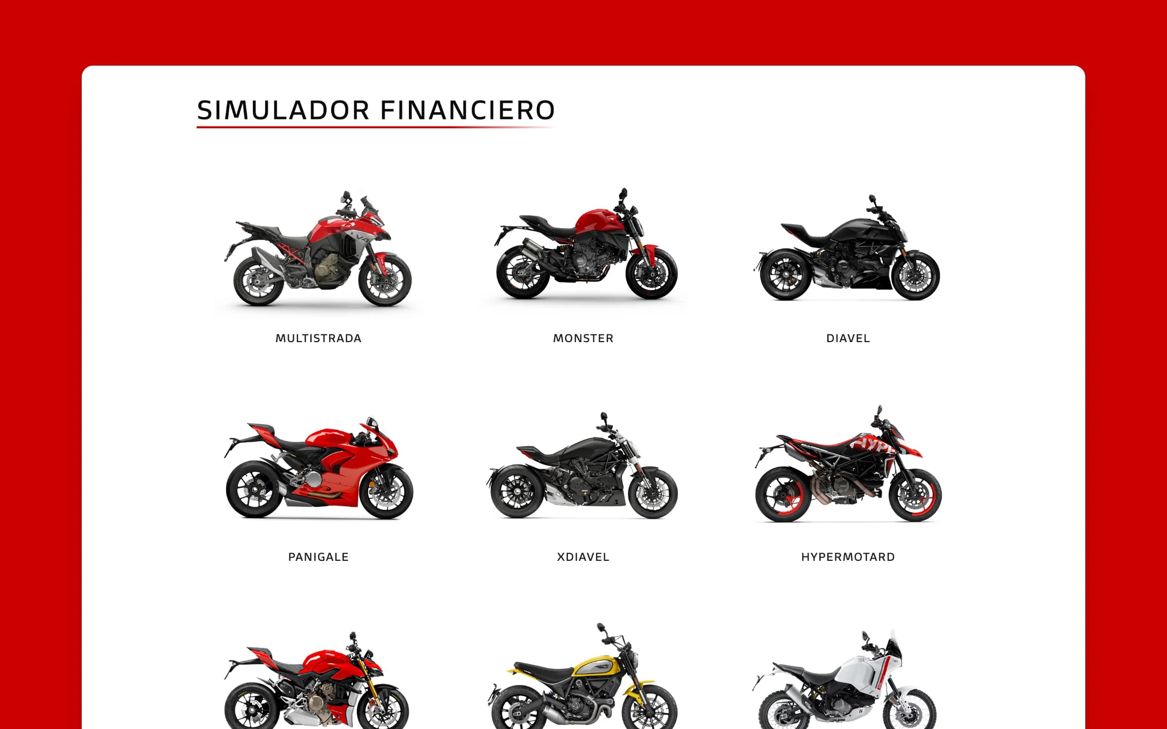 The Ducati range ready to simulate: Multistrada, Monster, Diavel, Panigale and more