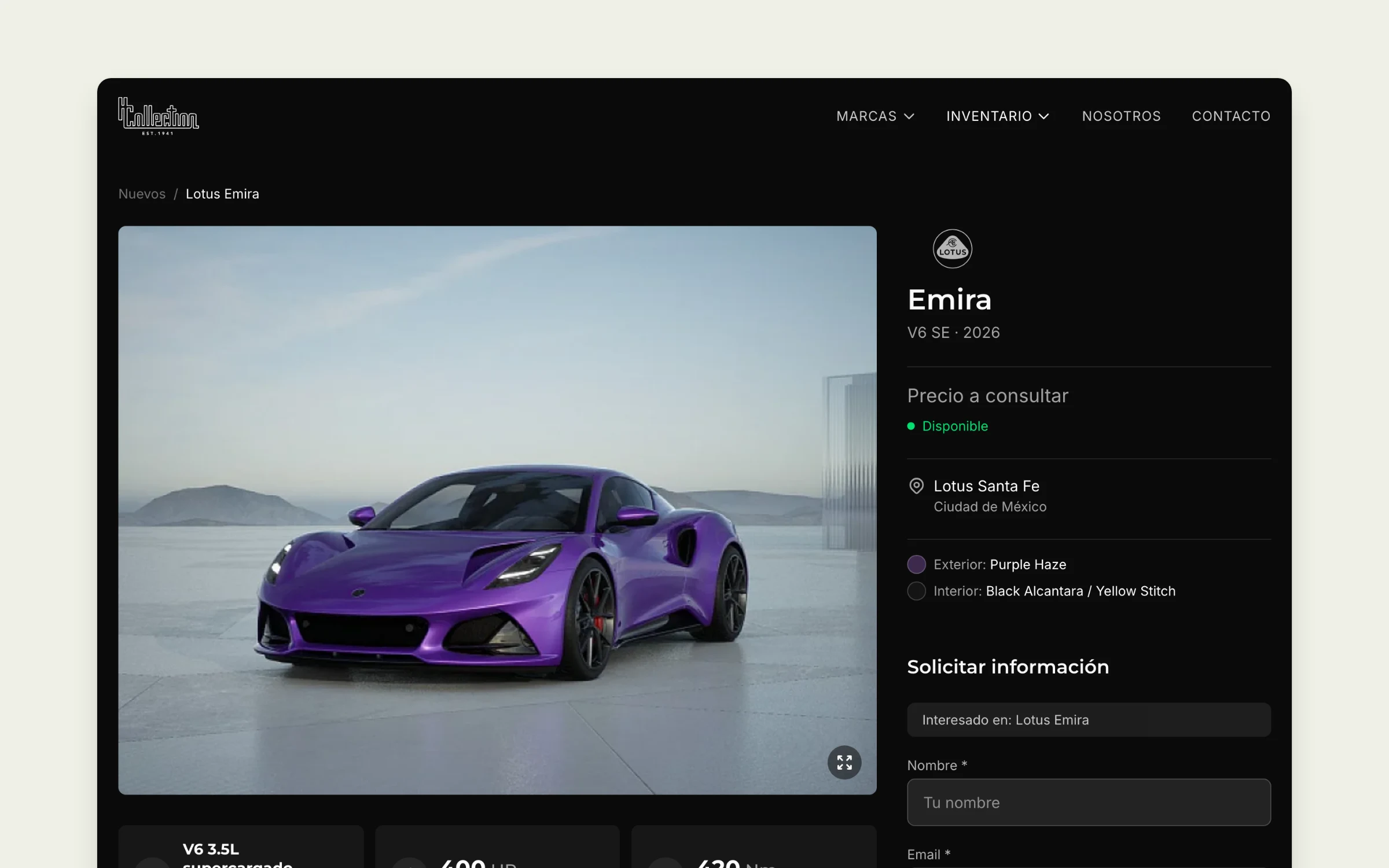 A Lotus Emira page on H Collection with specs and a contact form