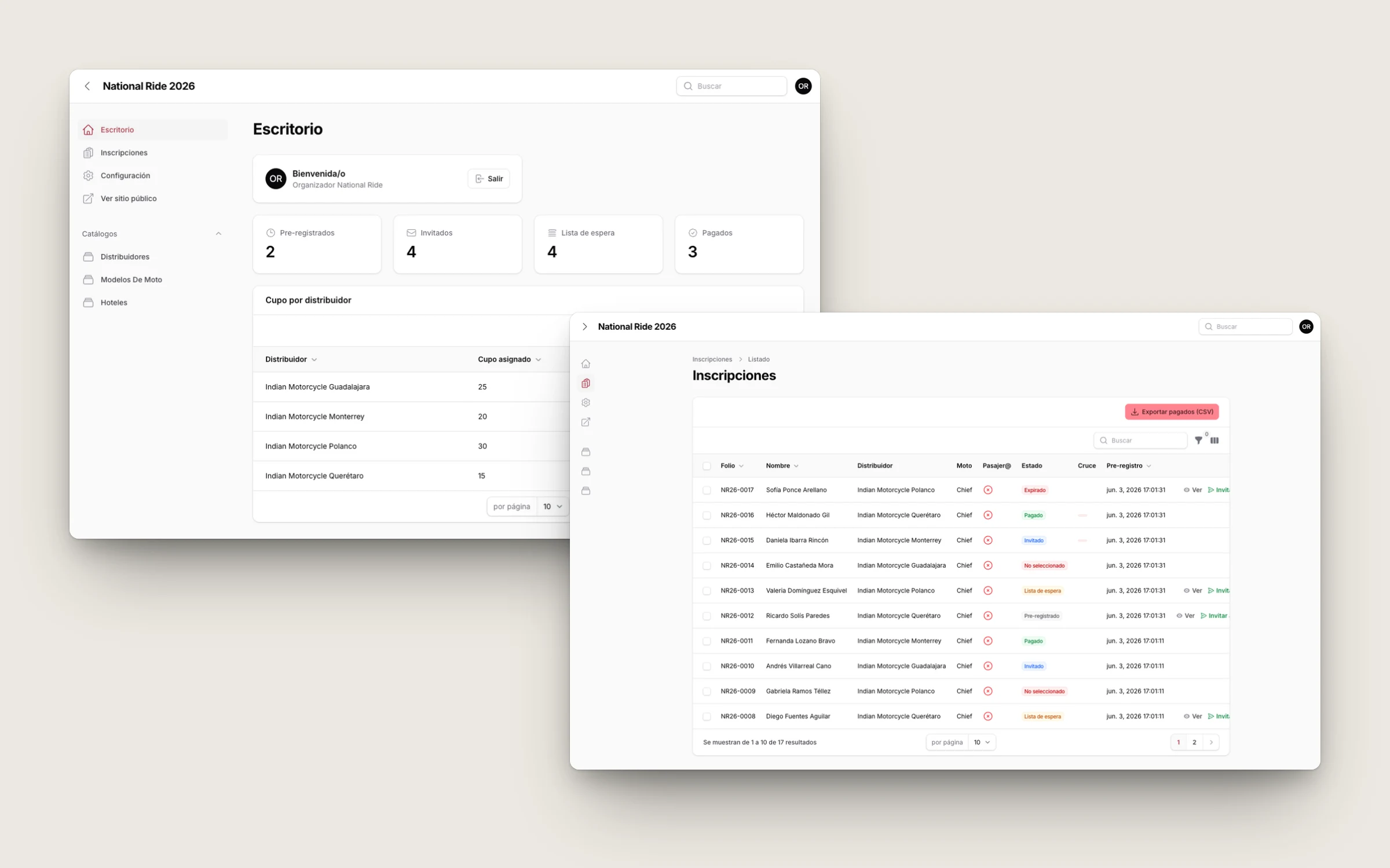 Admin panel: quota per dealer and registrations, with test data