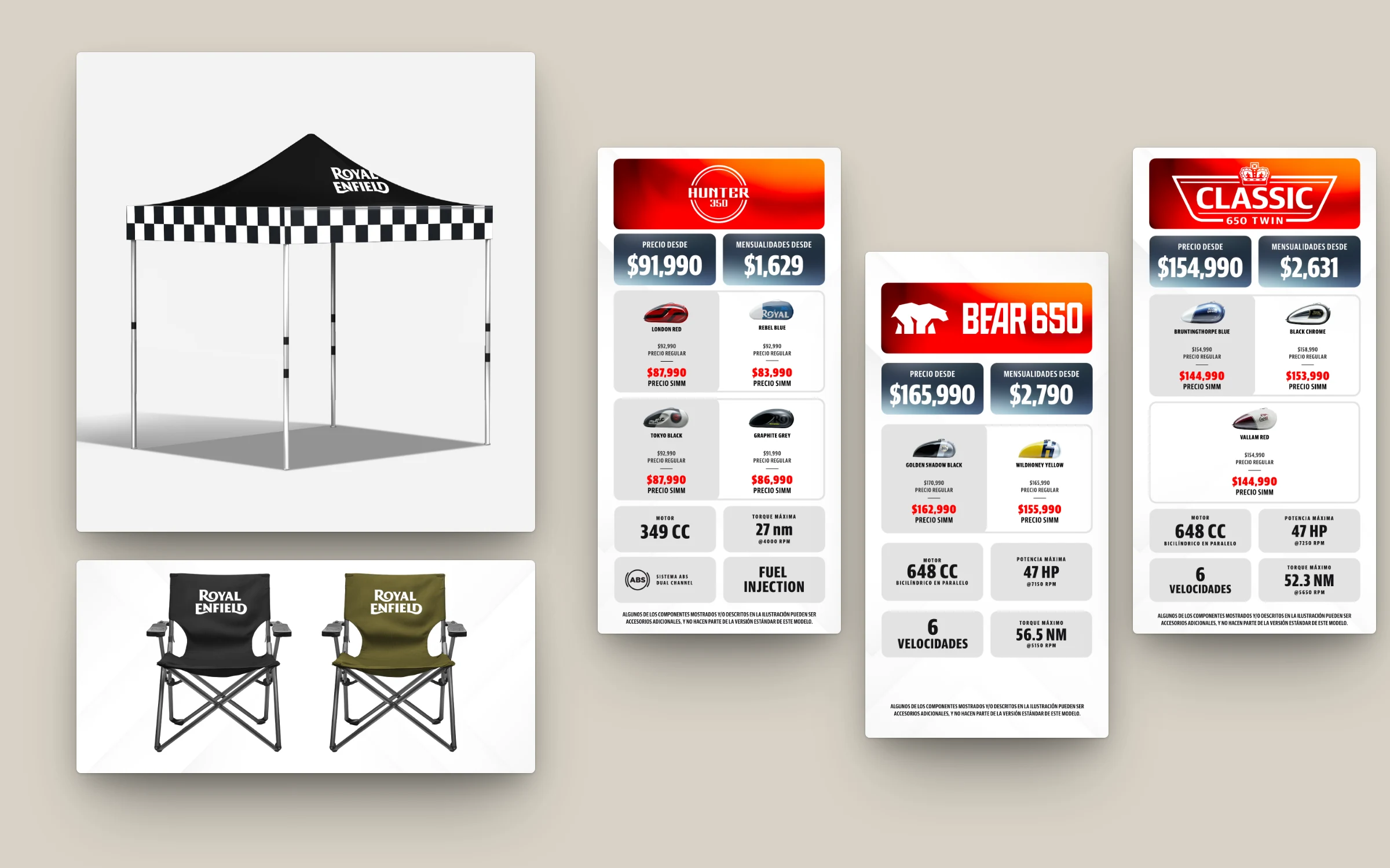 POP and event material: tent and chairs in the new branding, and spec sheets per model